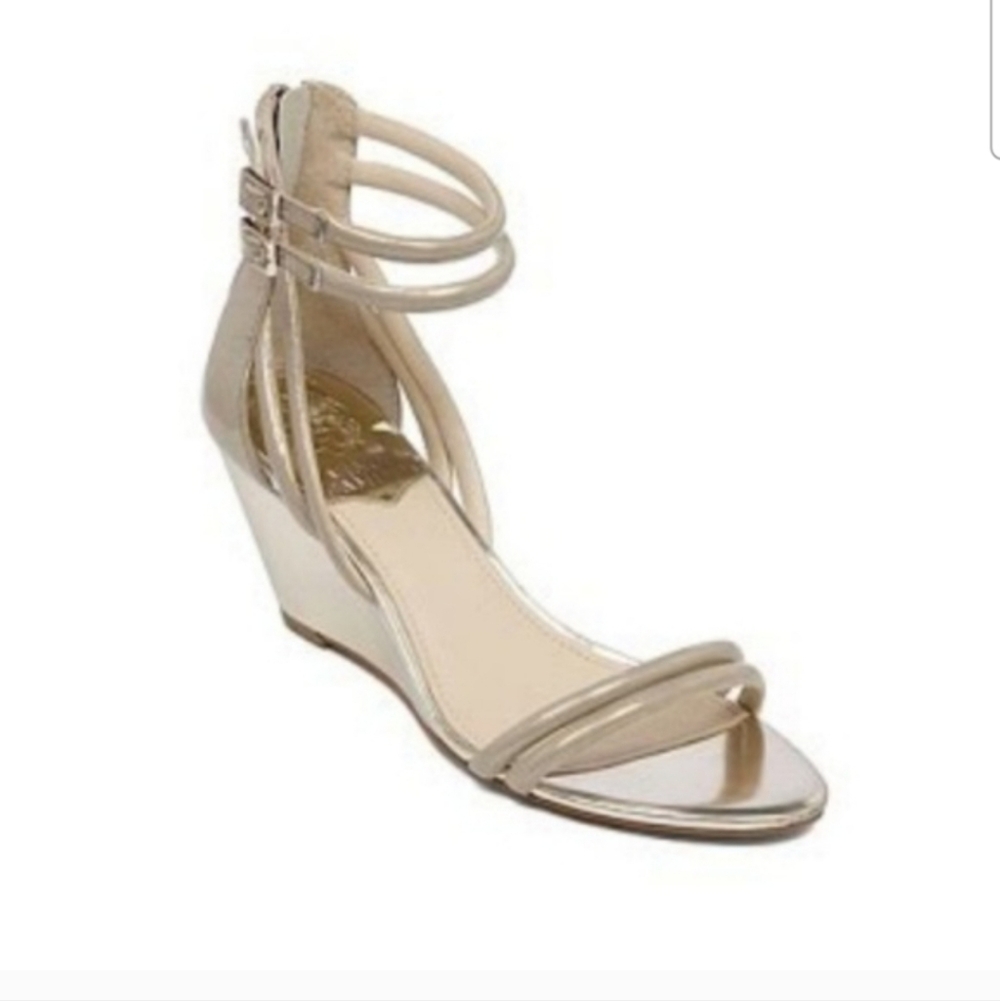 Vince Camuto Metallic Iridescent Gold Beige Leather Wedge Heeled Sandals 8 EUC